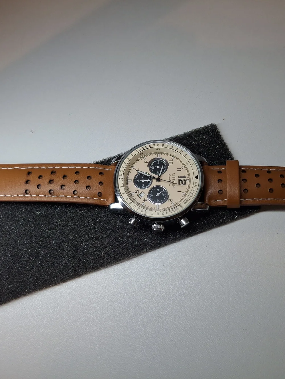 Citizen Eco-Drive Chronograph Watch - Tan Dial & Brown Leather Strap